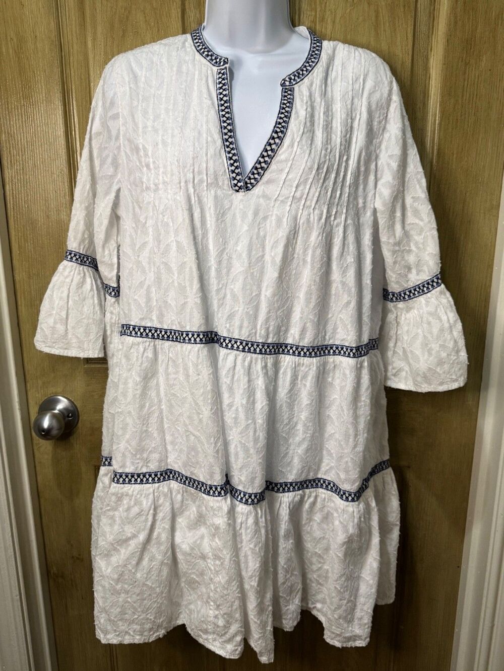 Tommy Bahama White Cotton Clip Embroidered Coverup Mini Dress Bell Sleeve Boho M